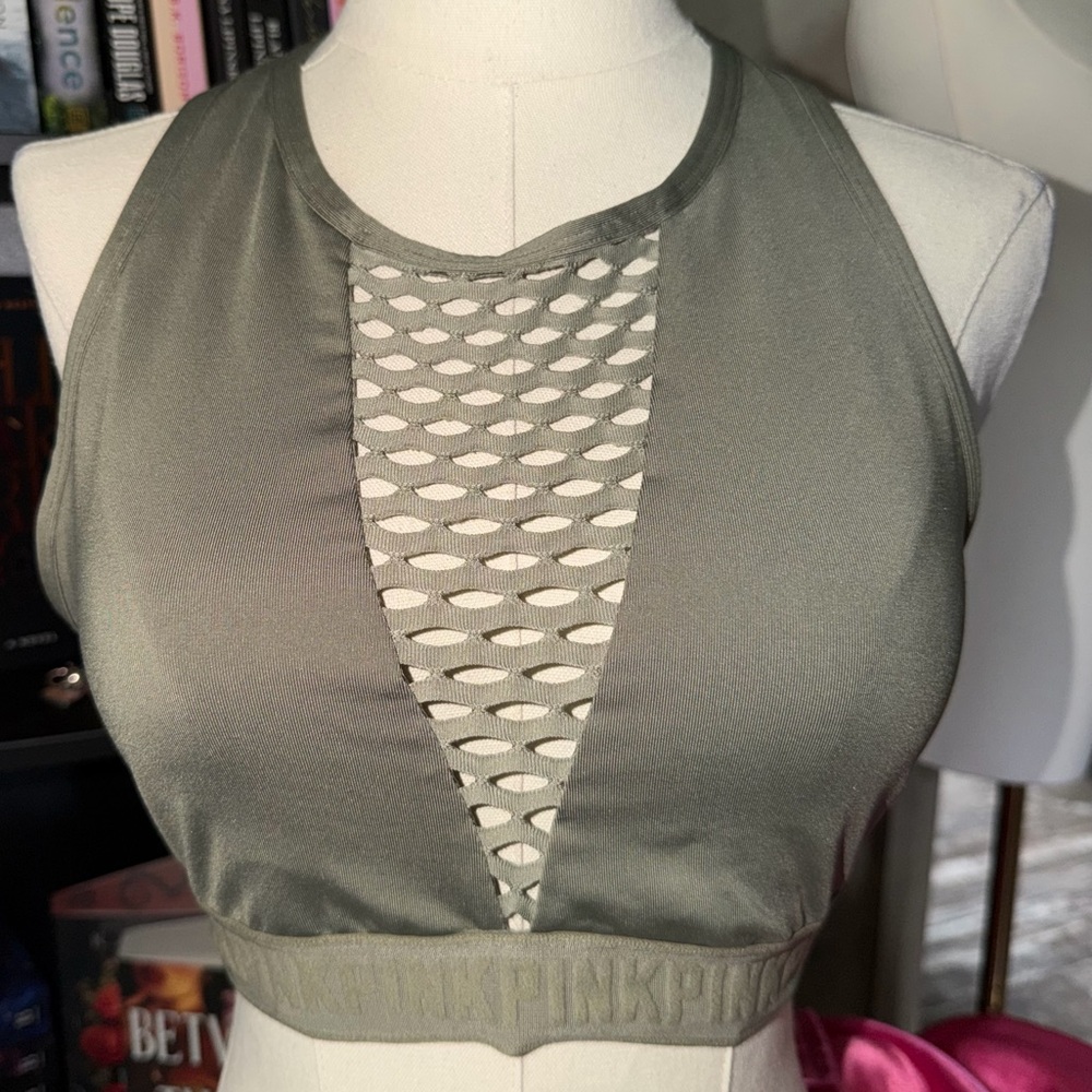 PINK Victoria's Secret Olive Green Athletic Athleisure Mesh-Trim Sports Bra